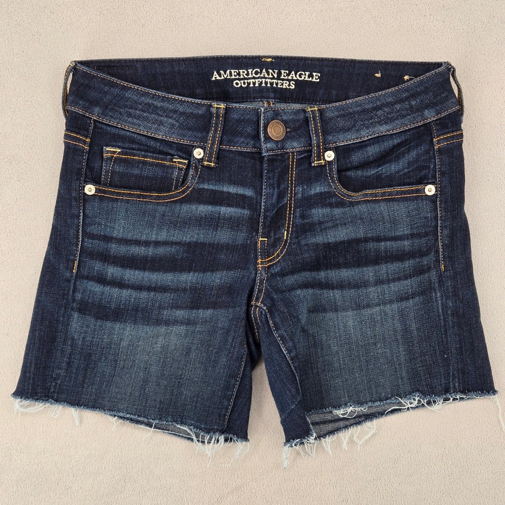 American Eagle Womens 4 Denim Shorts Raw Hem Super Stretch Indigo Cut Offs
